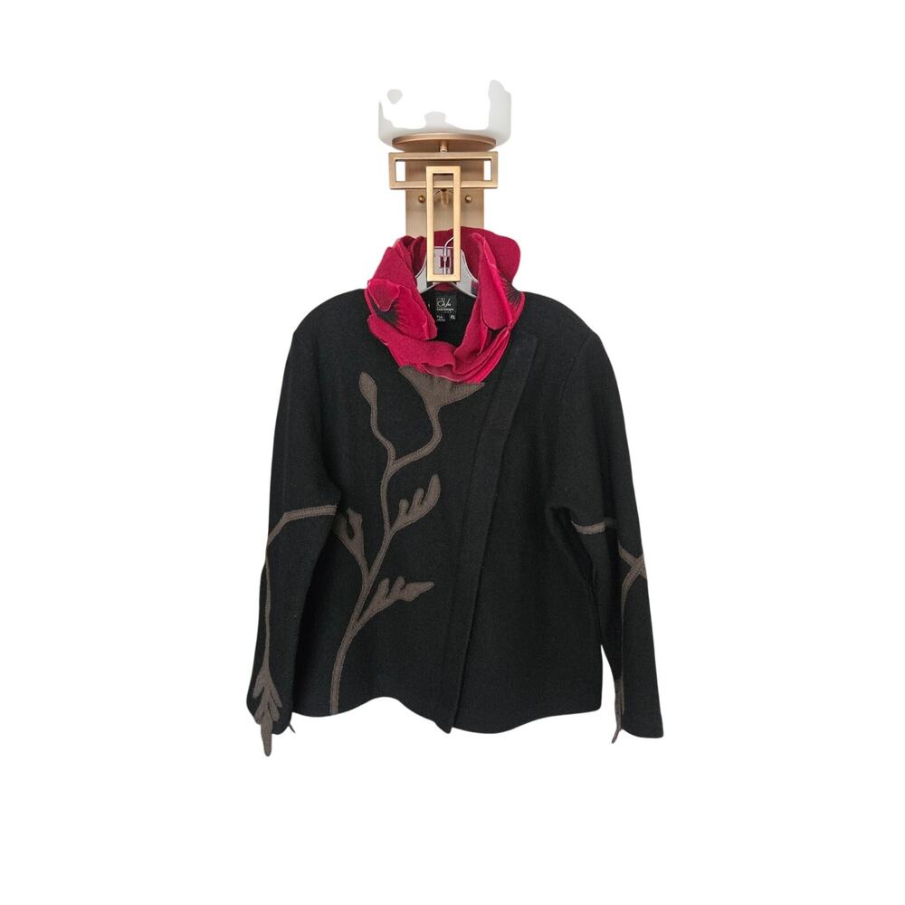 Anthropologie Covelo Women's Black Red Poppy Wool Silk Organza Collar Jacket XL
